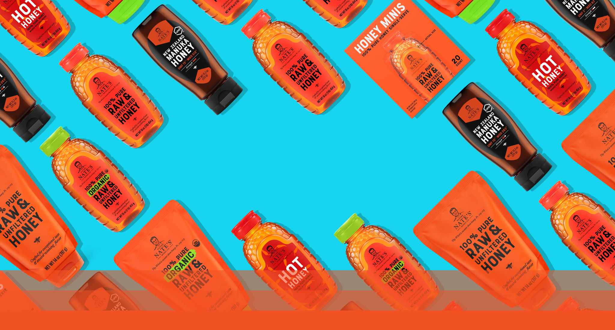 Pattern of assorted Nate's honey products on a blue background.