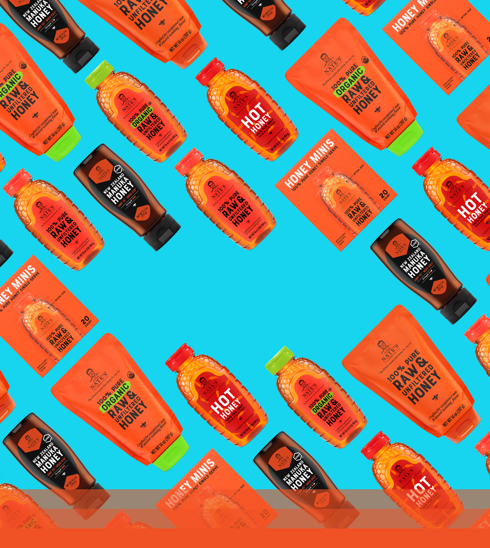 Pattern of assorted Nate's honey products on a blue background.
