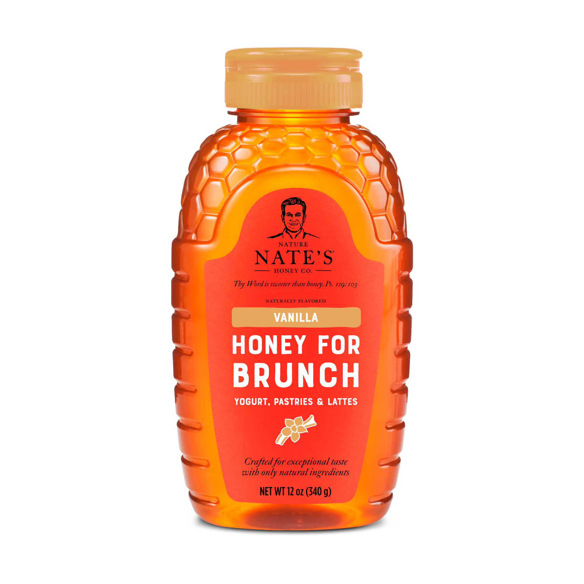 Front of 12oz Vanilla Flavored Honey bottle