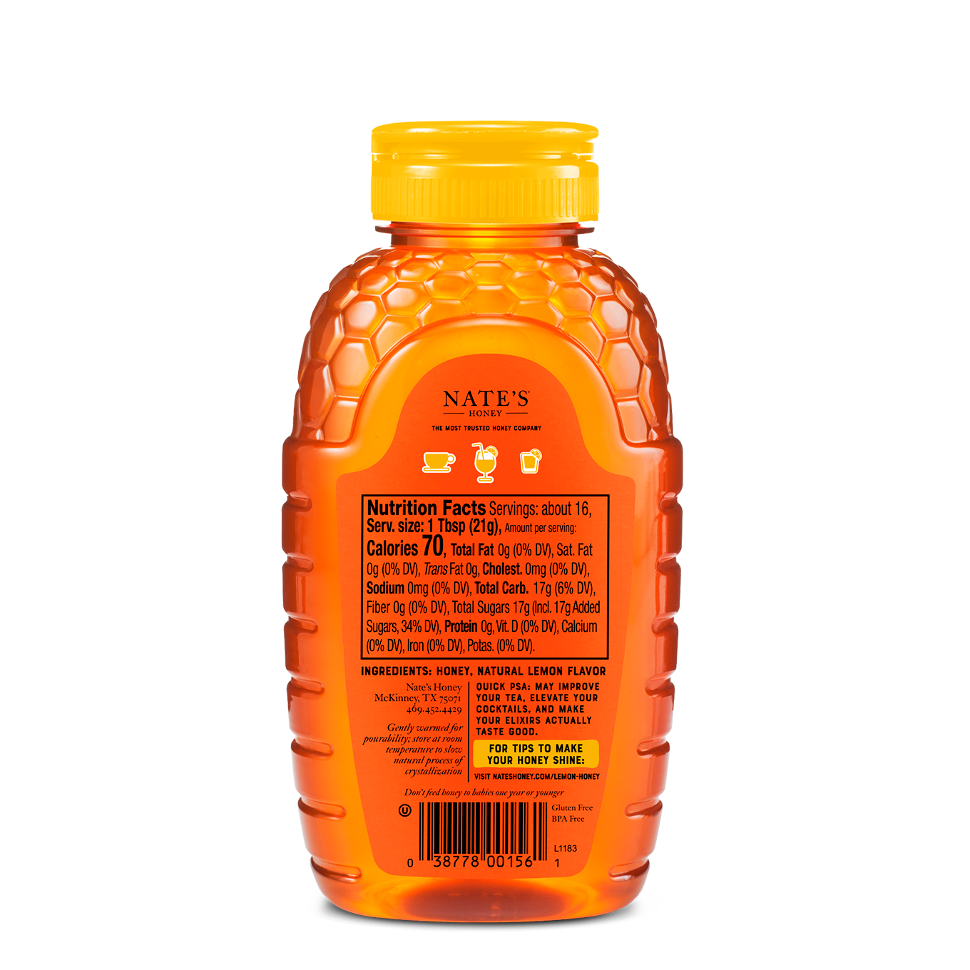 Back of 12oz Lemon Flavored Honey bottle