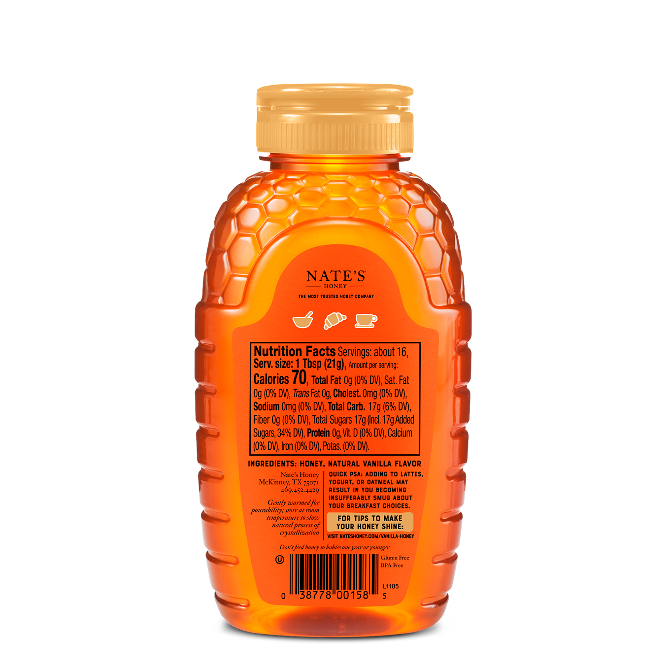 Back of 12oz Vanilla Flavored Honey bottle