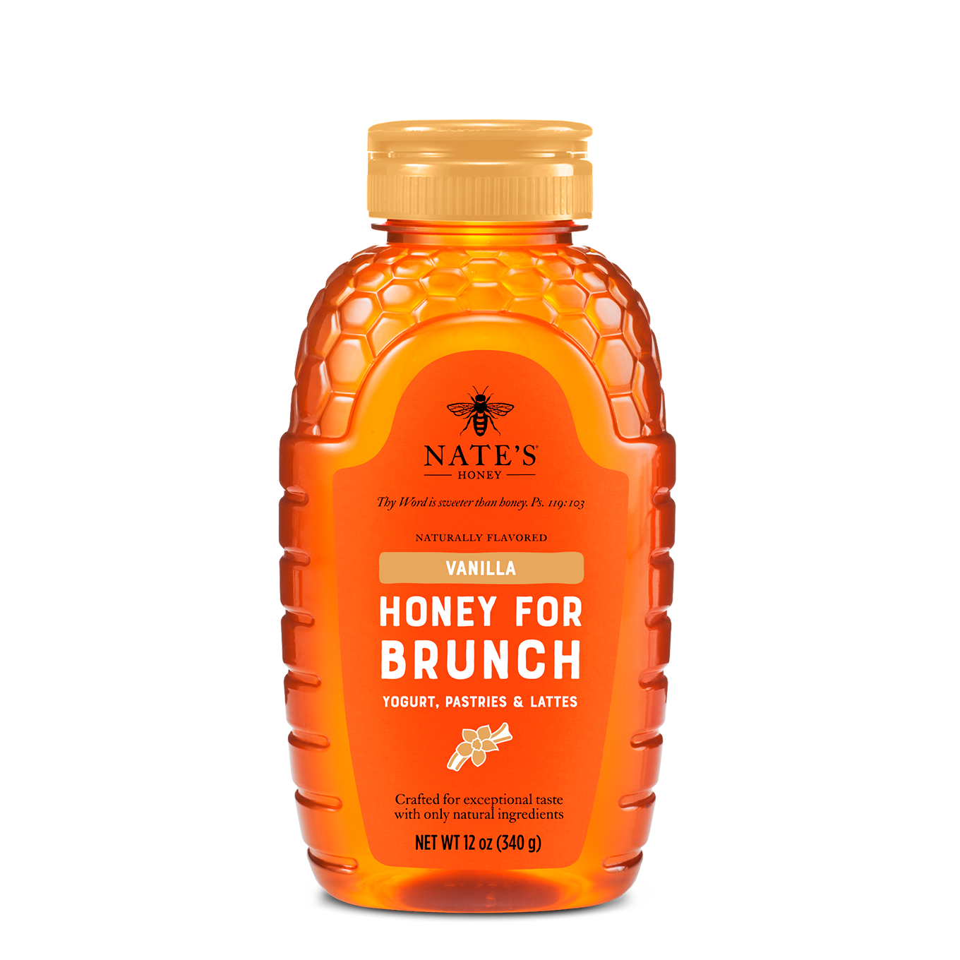 Front of 12oz Vanilla Flavored Honey bottle