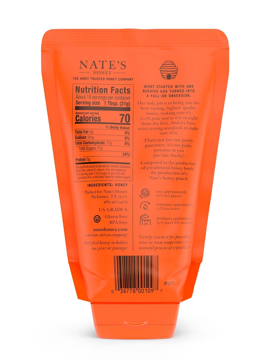 The back label of Nate's 14 oz pouch of 100% pure, raw & unfiltered honey.
