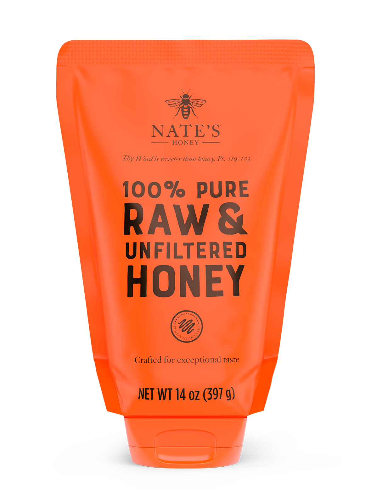 The front label of Nate's 14 oz pouch of 100% pure, raw & unfiltered honey.