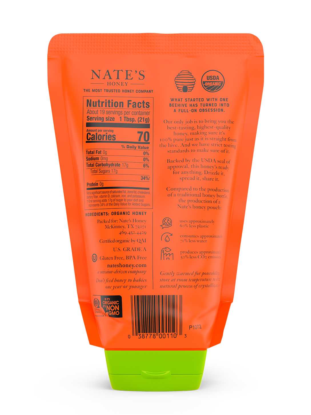 The back label of Nate's 14 oz pouch of organic 100% pure, raw & unfiltered honey.