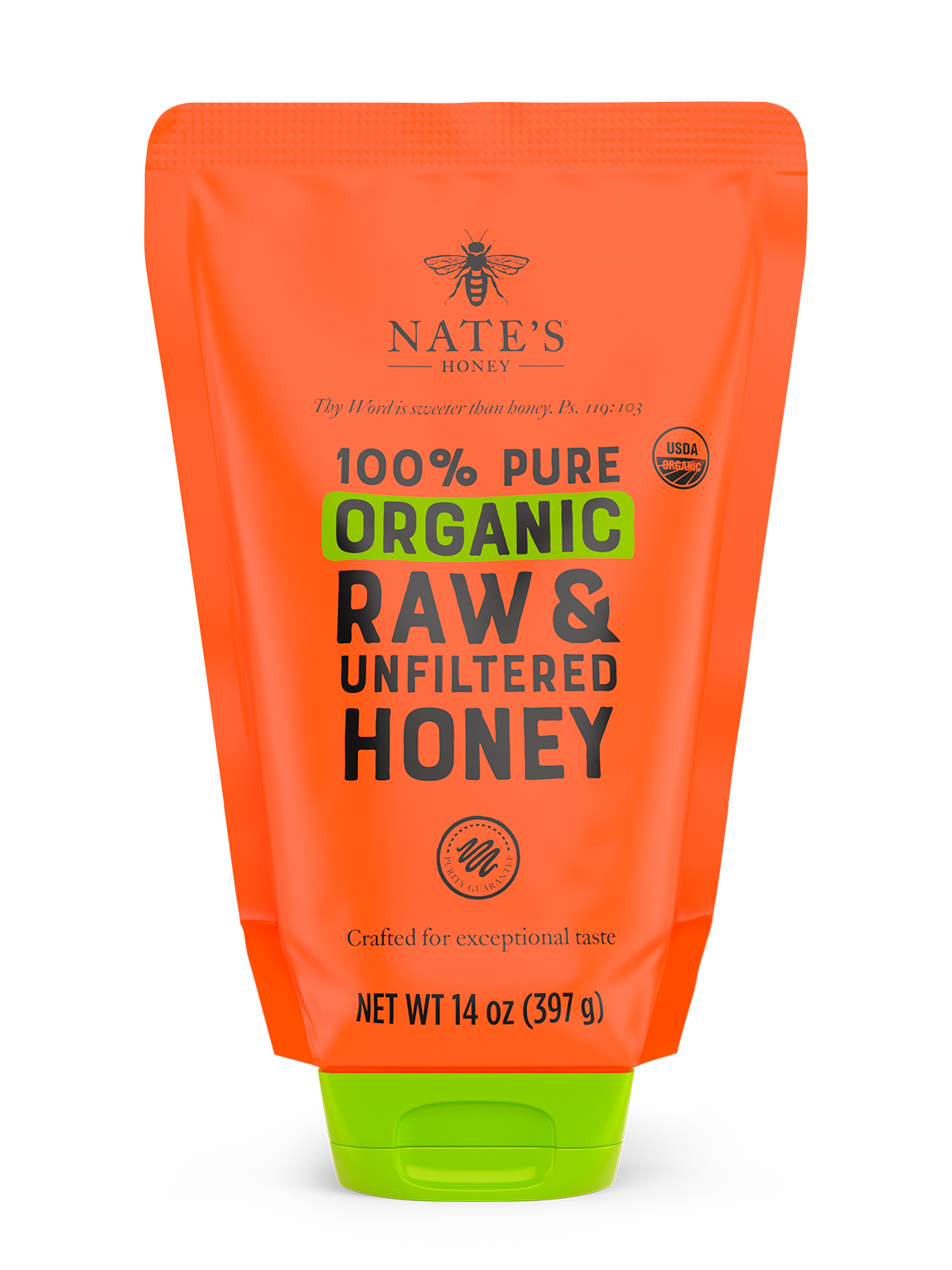 The front label of Nate's 14 oz pouch of organic 100% pure, raw & unfiltered honey.