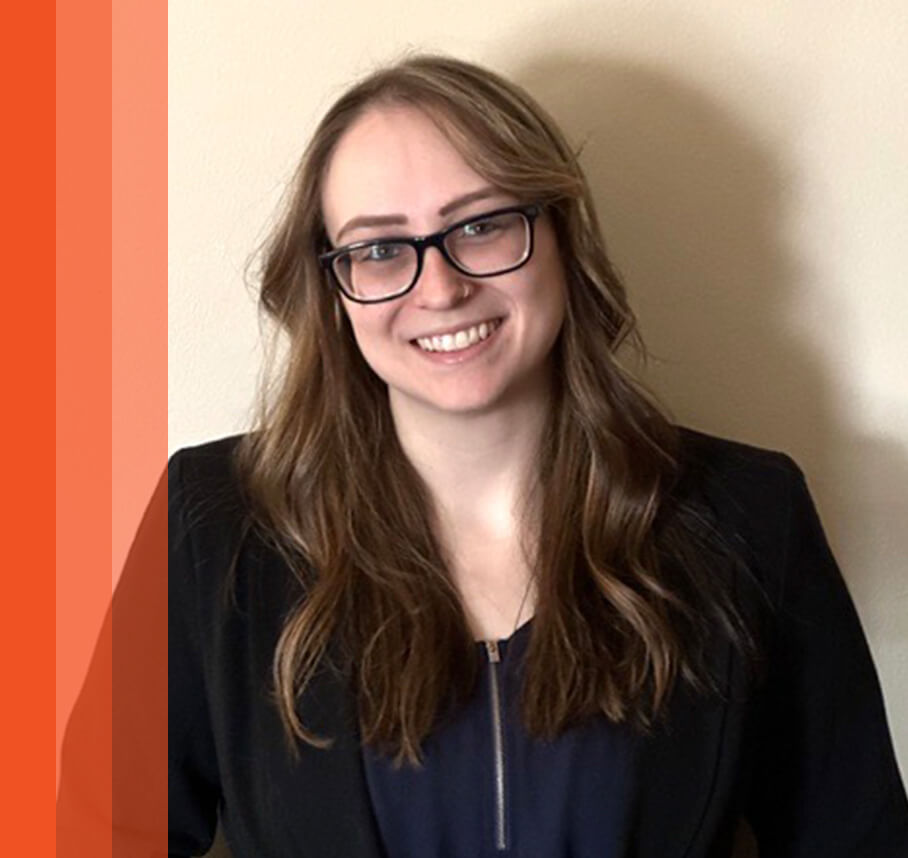 Taira headshot with orange bars.