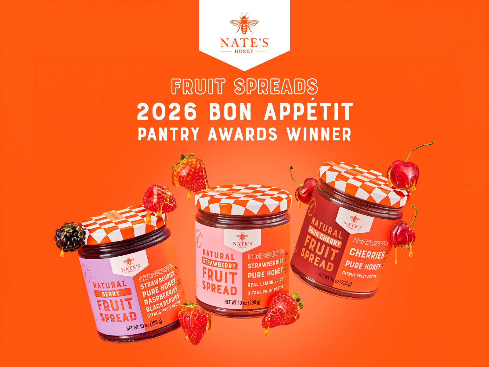 Graphic celebrating Nate's Honey Fruit Spreads as a 2026 Bon Appétit Pantry Awards winner, featuring Berry, Strawberry and Sour Cherry Fruit Spreads.