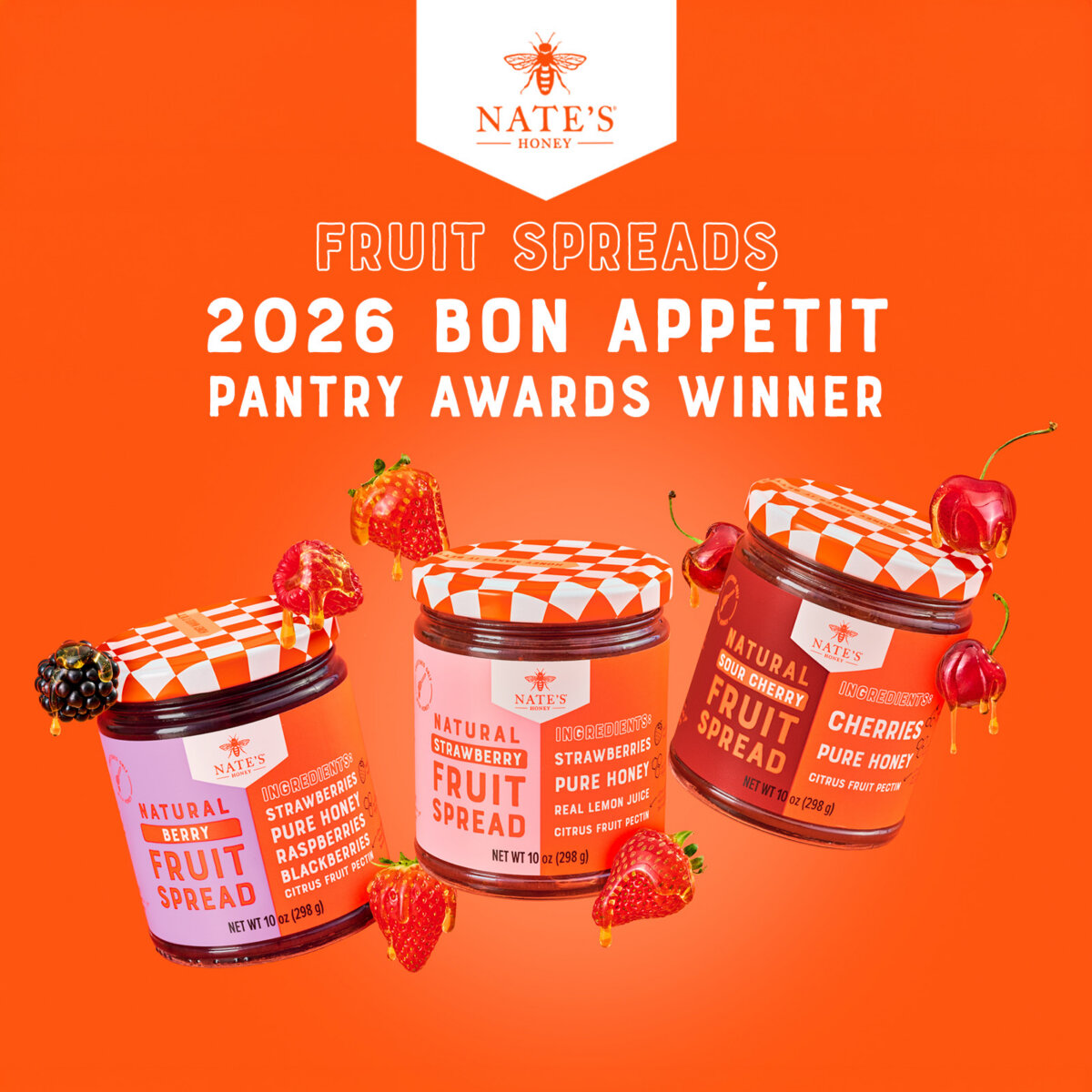 Graphic celebrating Nate's Honey Fruit Spreads as a 2026 Bon Appétit Pantry Awards winner, featuring Berry, Strawberry and Sour Cherry Fruit Spreads.