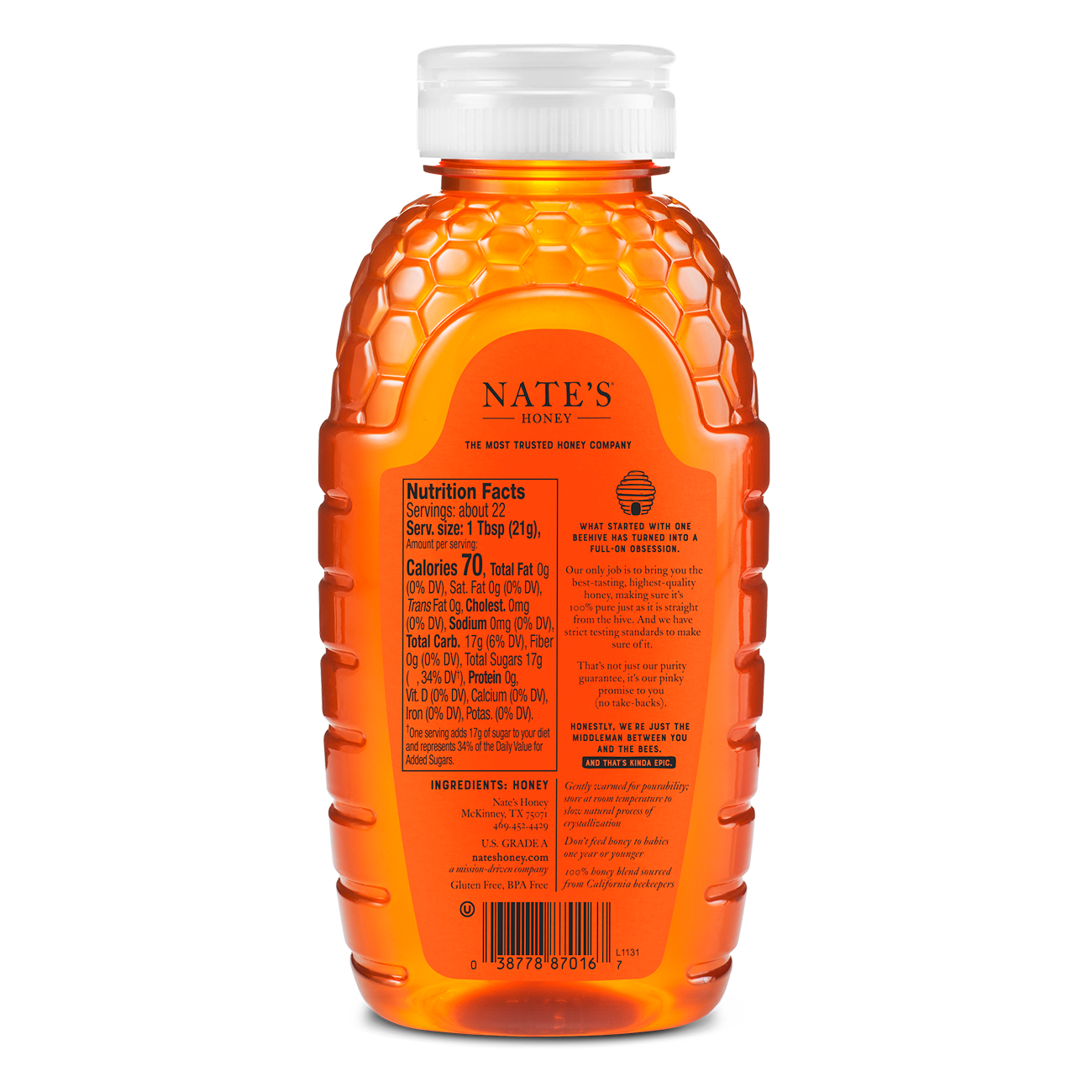 The back label of Nate's 16 oz bottle of California 100% pure, raw & unfiltered honey.