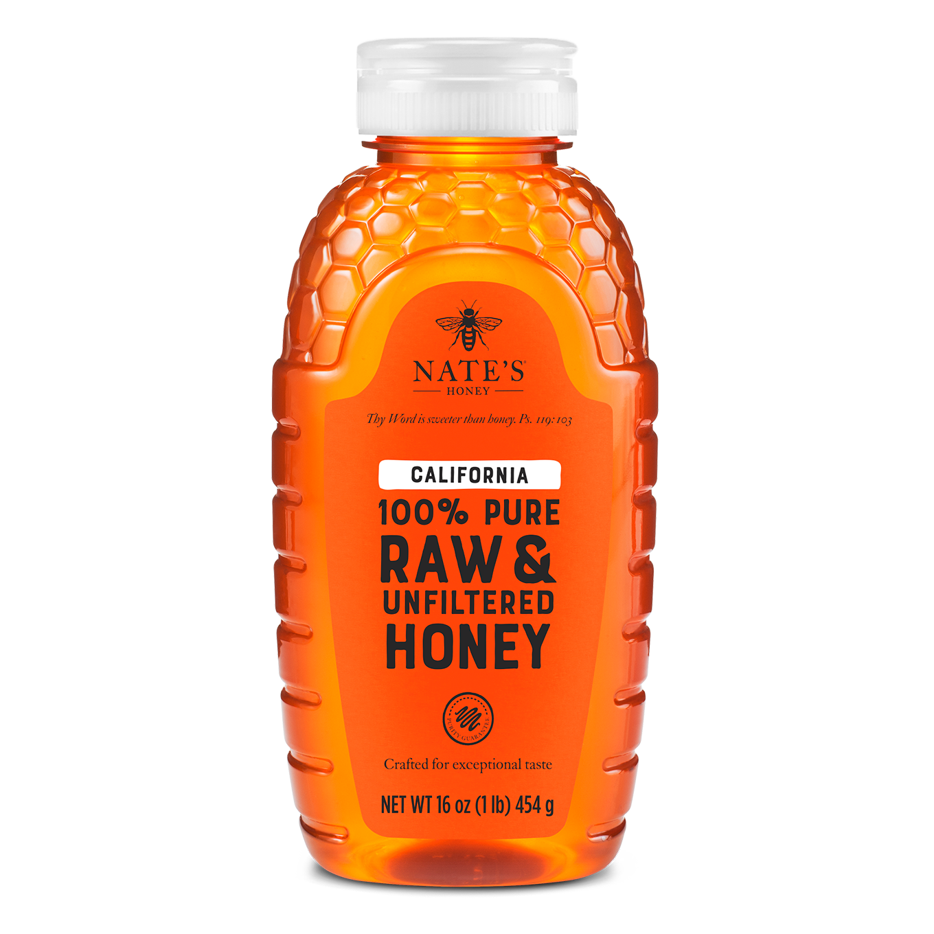 Nate's California raw & unfiltered honey bottle isolated on white.