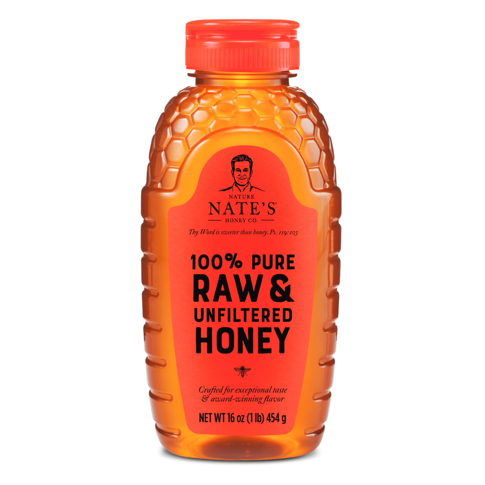 Front of a 16-ounce bottle of Nate's Raw & Unfiltered Honey.