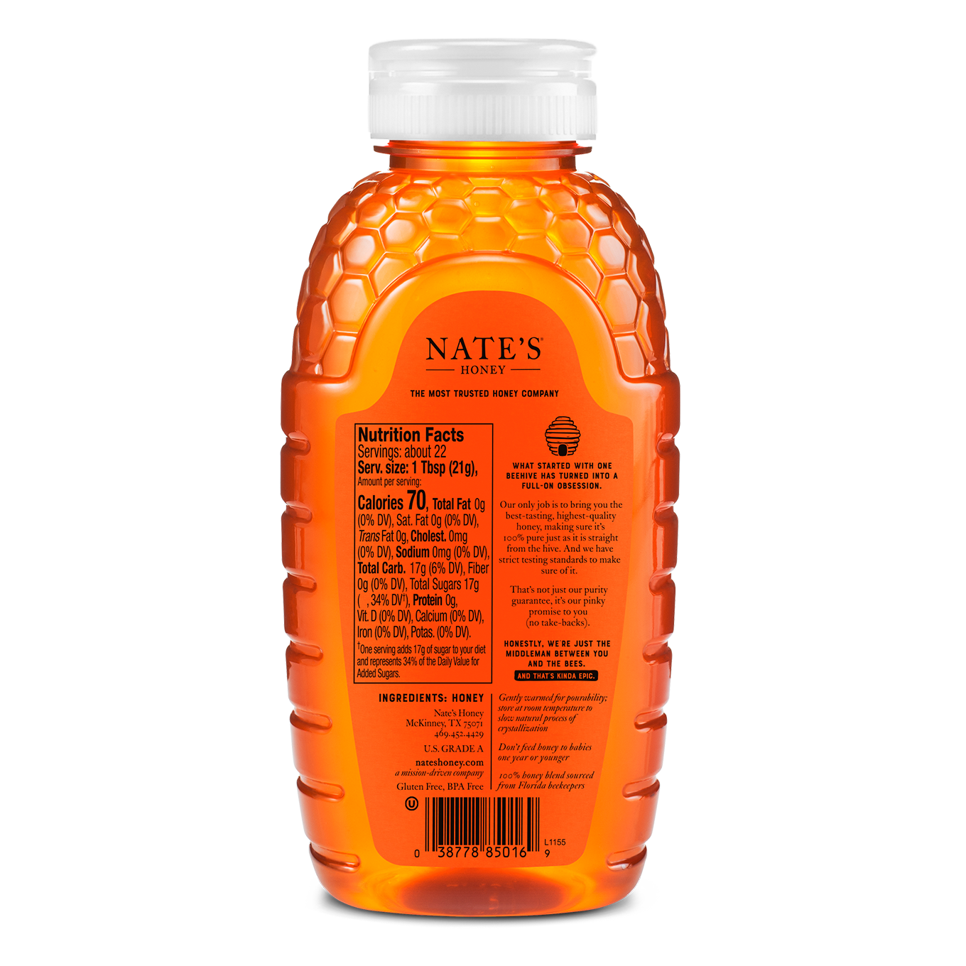 Nate's Florida raw and unfiltered honey bottle on white background.