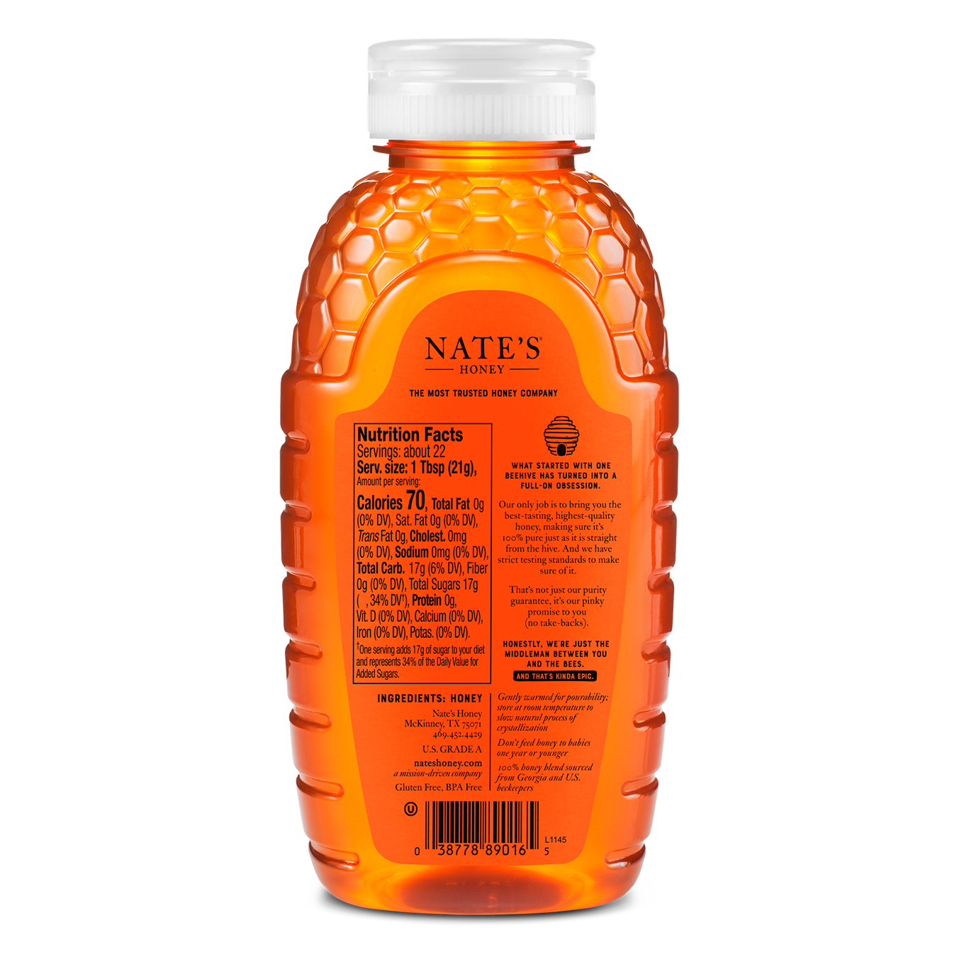 Nate's Georgia raw and unfiltered honey bottle on white background.