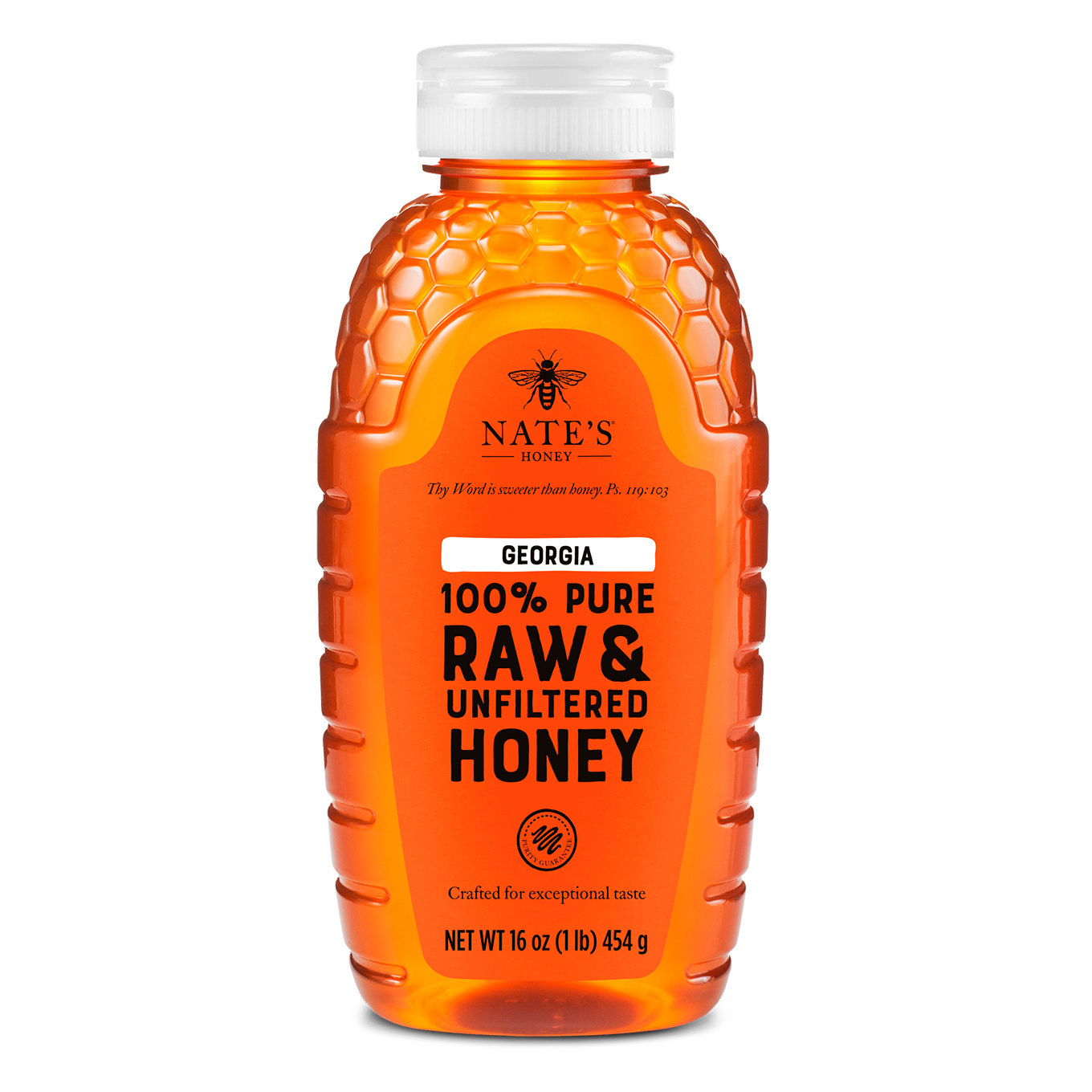 Nate's Georgia raw and unfiltered honey bottle on white background.