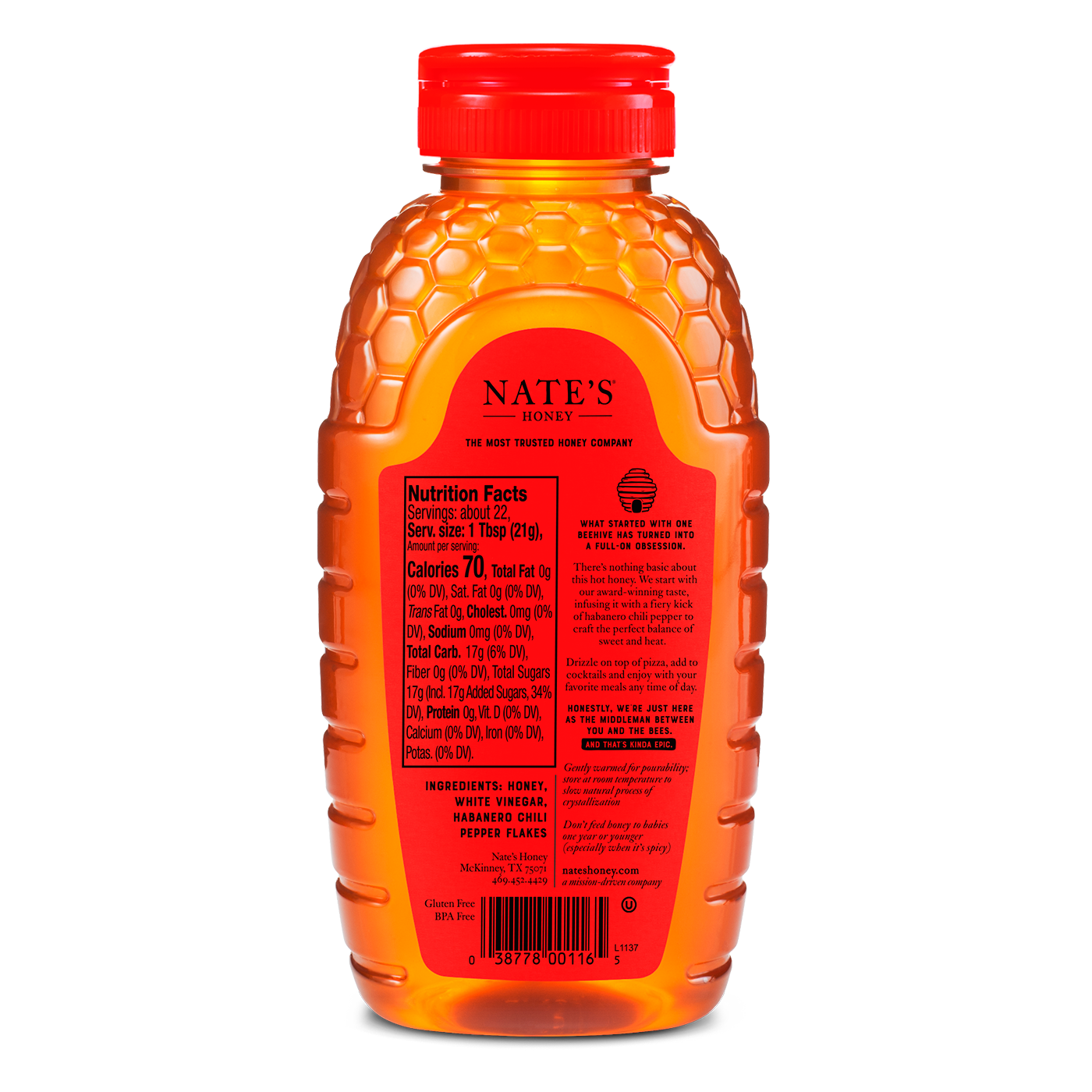 The back label of Nate's 16 oz bottle of hot honey.