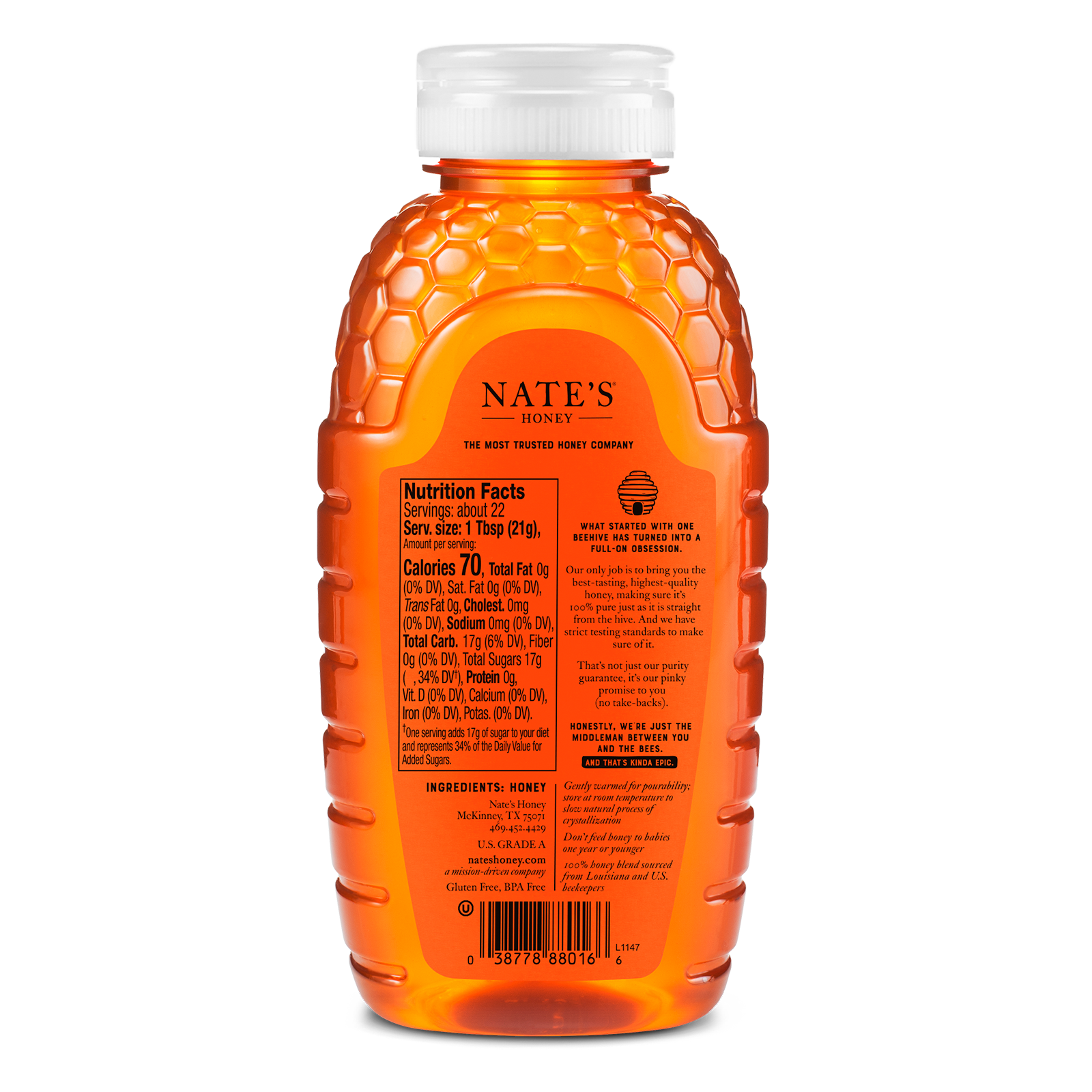 Nate's Louisiana honey bottle with white cap, isolated on white.