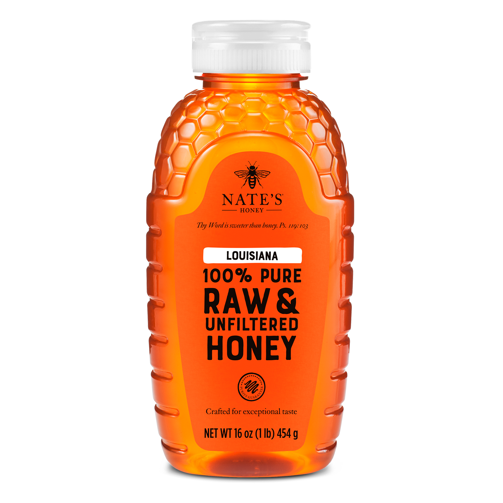 Nate's Louisiana honey bottle with white cap, isolated on white.