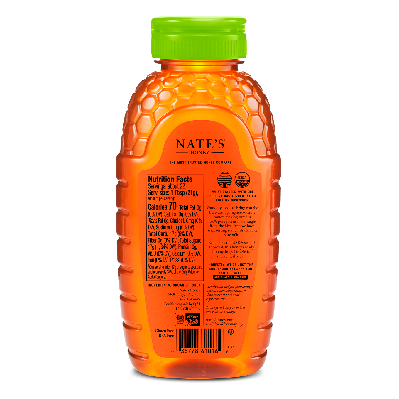 The back label of Nate's 16 oz bottle of 100% pure, raw & unfiltered organic honey.