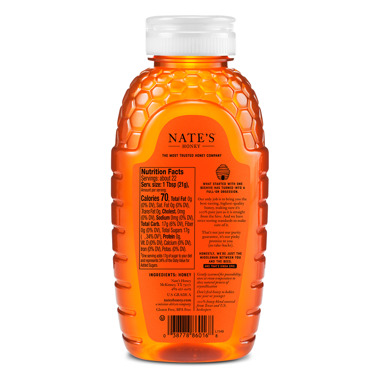 Nate's Texas honey bottle with white cap, isolated on white.