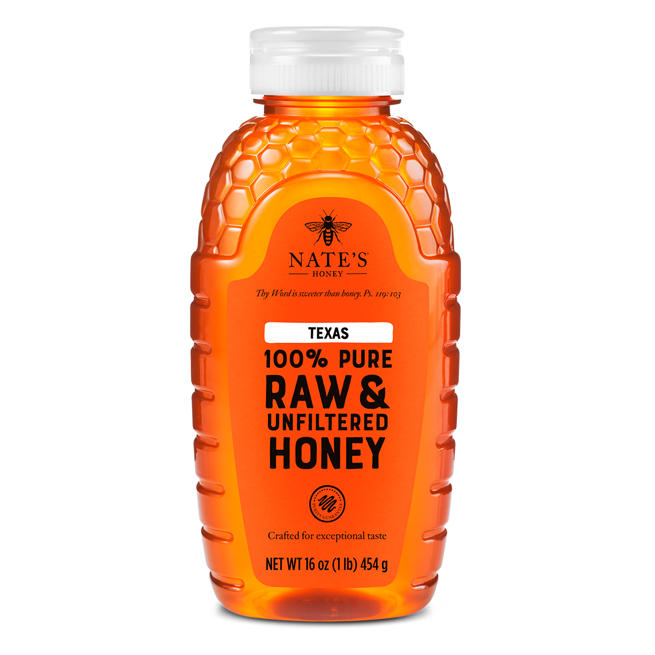 Nate's Texas honey bottle with white cap, isolated on white.