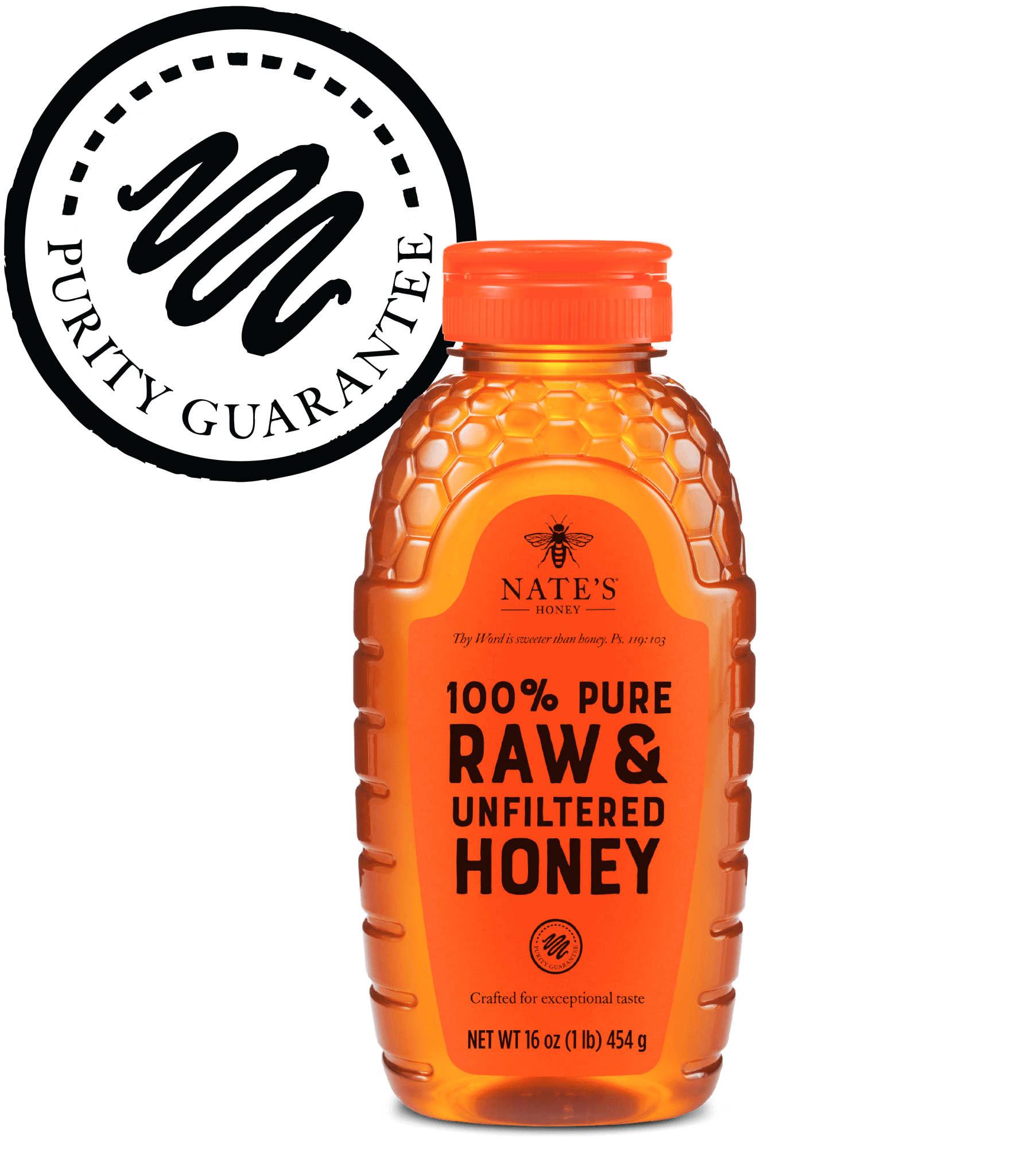 Nate's honey bottle with purity guarantee seal icon.