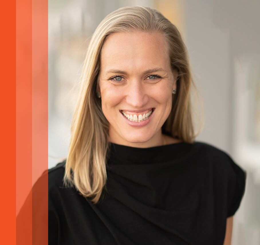 Becca headshot with orange bars.