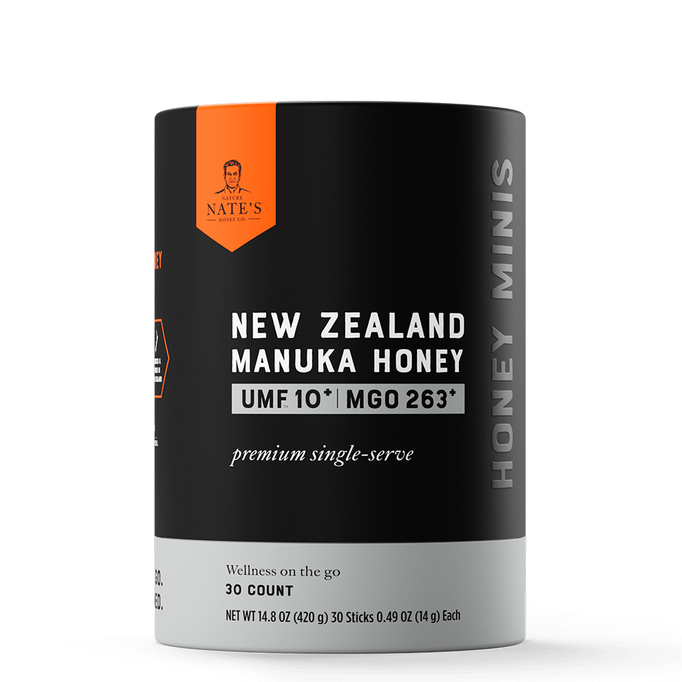 30ct Manuka UMF 10 cylinder box front and top angle.