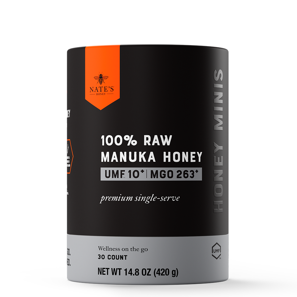 30ct Manuka UMF 10 cylinder box front and top angle.