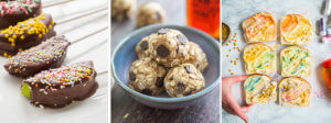 A collage of chocolate-dipped fruit, chocolate chip cookie
 balls and decorated toast.