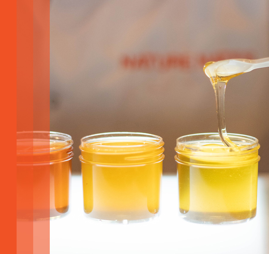 Three different honeys in jars, with honey flowing from a tasting spoon into one jar with, NATURE NATE'S backdrop.