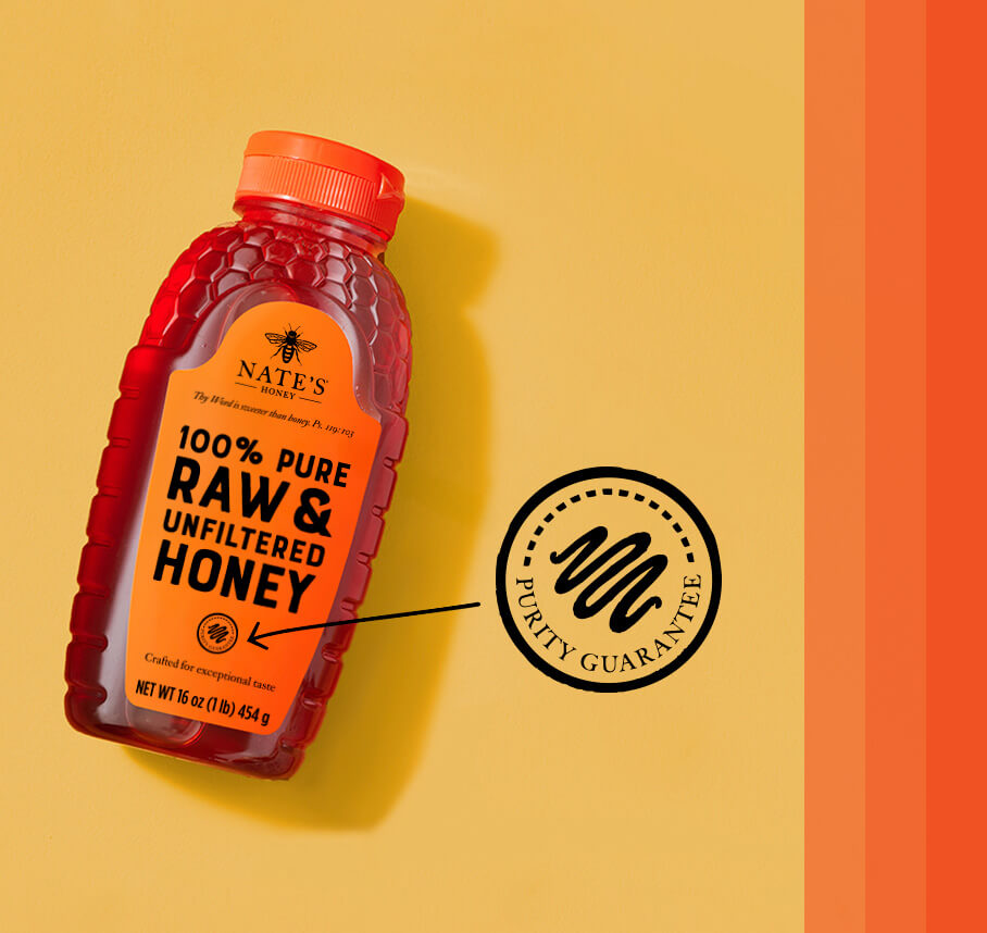 Back of the Nate's honey bottle with detail of the purity guarantee seal.