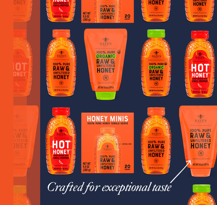 Collage of Nate's honey products with, Crafted for exceptional taste message.