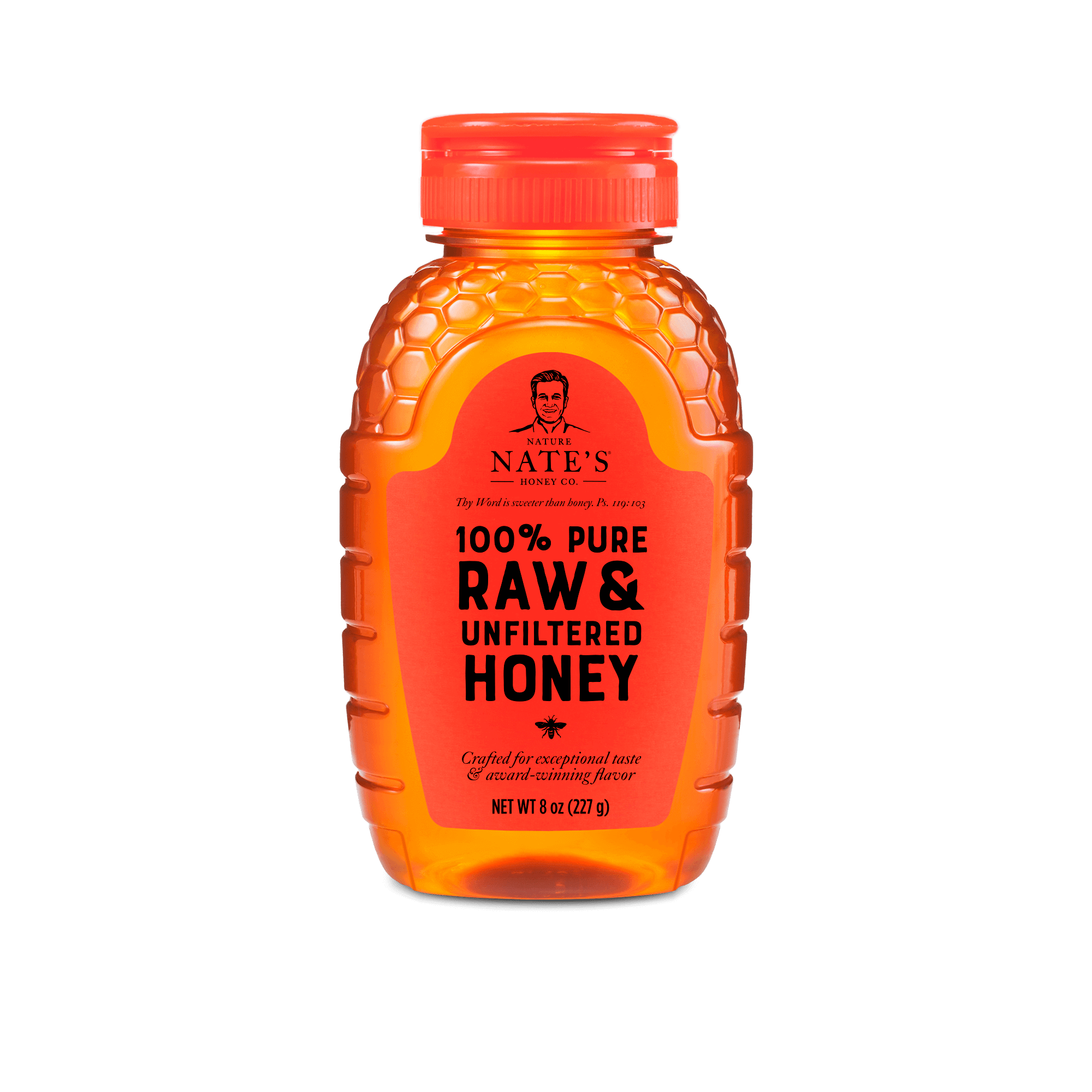 Front of 8oz Nate's classic honey bottle.