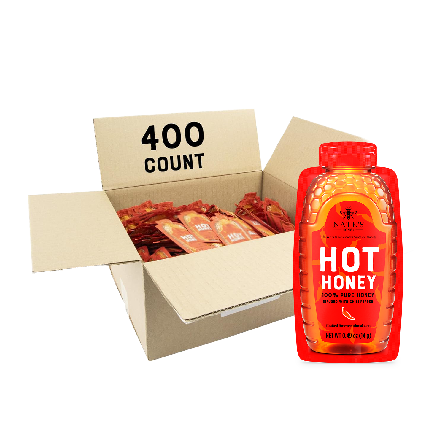 Hot honey mini packet with bulk box in background.