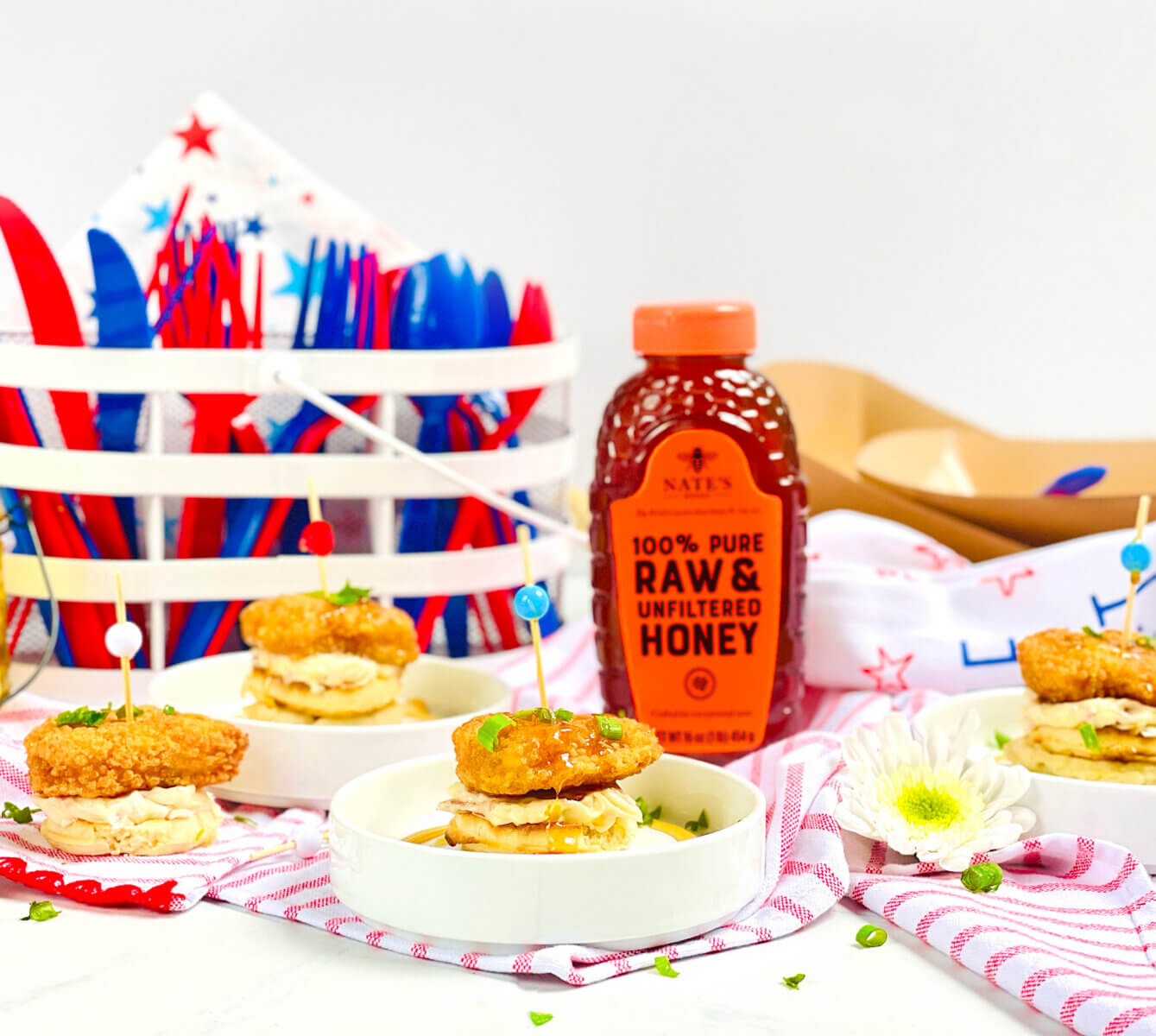 Chicken & Waffle Bites with Honey Bacon Butter