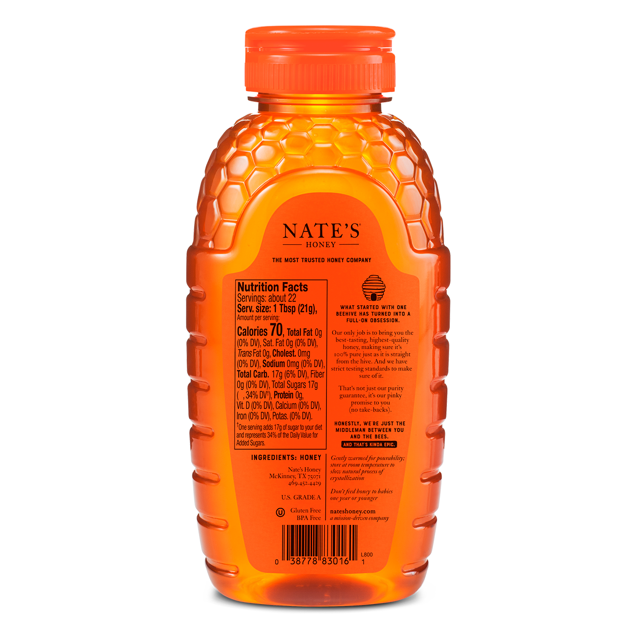 The back label of Nate's 16 oz bottle of 100% pure, raw & unfiltered honey.