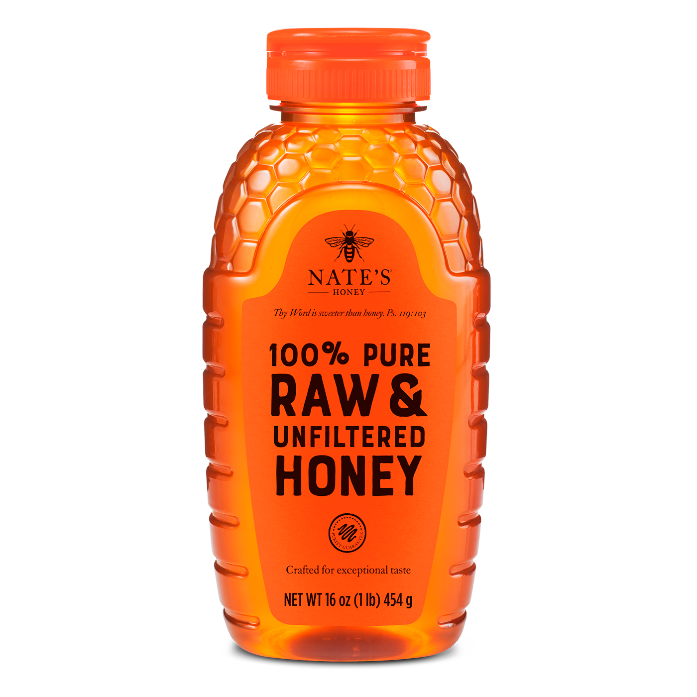 Front of a 16-ounce bottle of Nate's Raw & Unfiltered Honey.