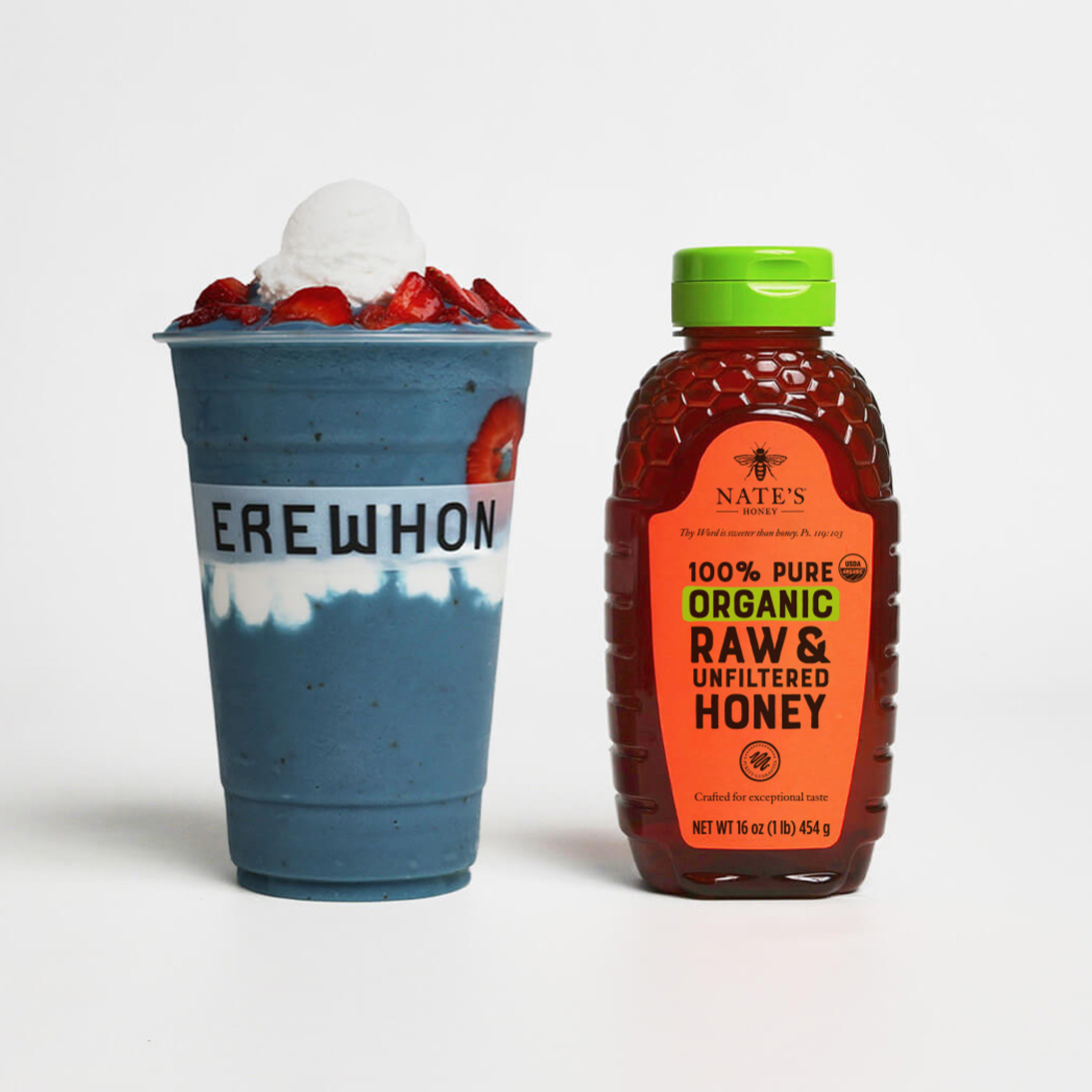 Erewhon smoothie and Nate's organic honey displayed next to each other upright.