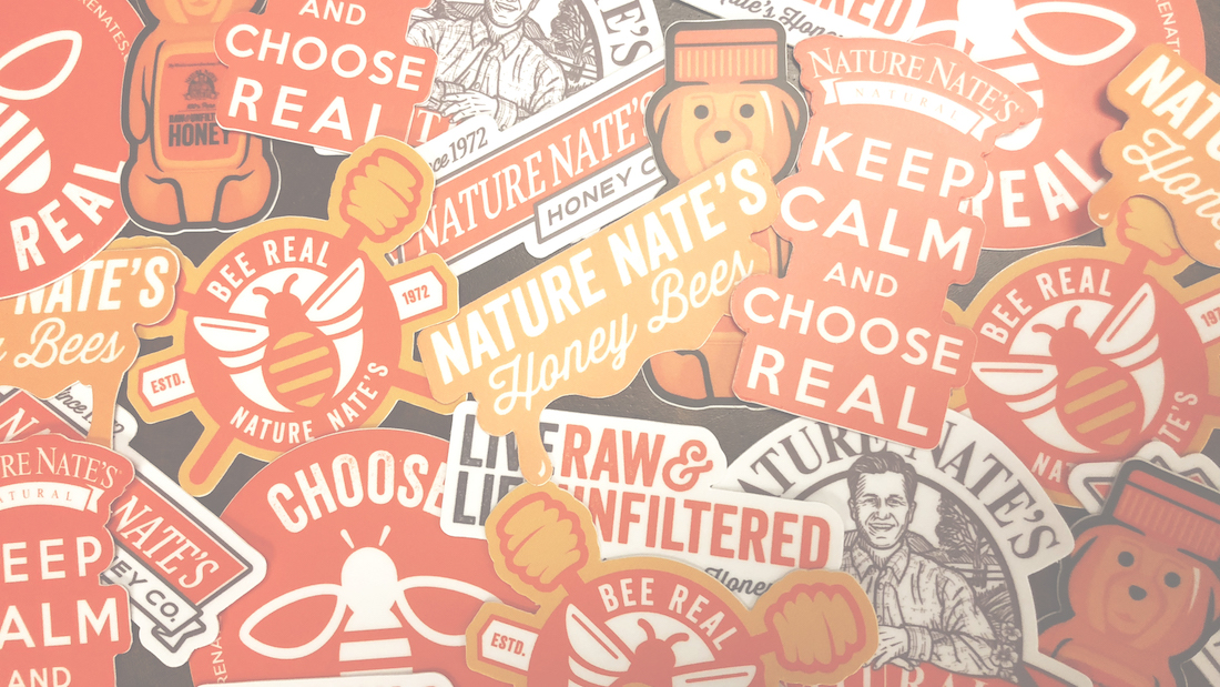 Assorted Nate's honey-themed stickers in various shapes and colors.