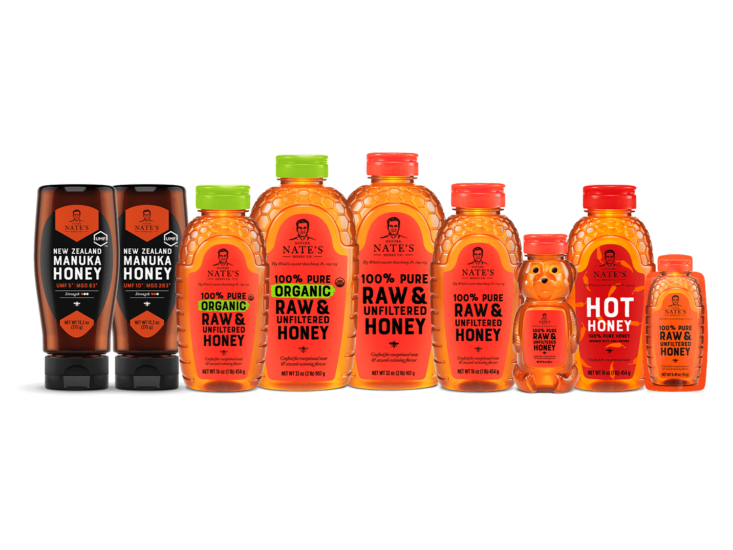 A lineup of Nate’s products, including manuka, organic and hot honey, with distinctive orange and black packaging.
