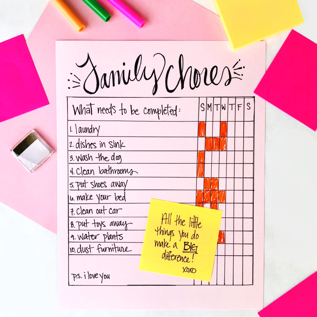 A vibrant family chores checklist with colorful sticky notes and markers and a message of love. 