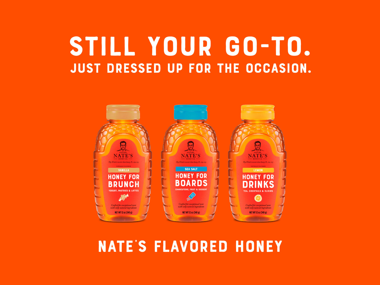 Nate’s Flavored Honey bottles in Vanilla, Sea Salt, and Lemon on orange background.
