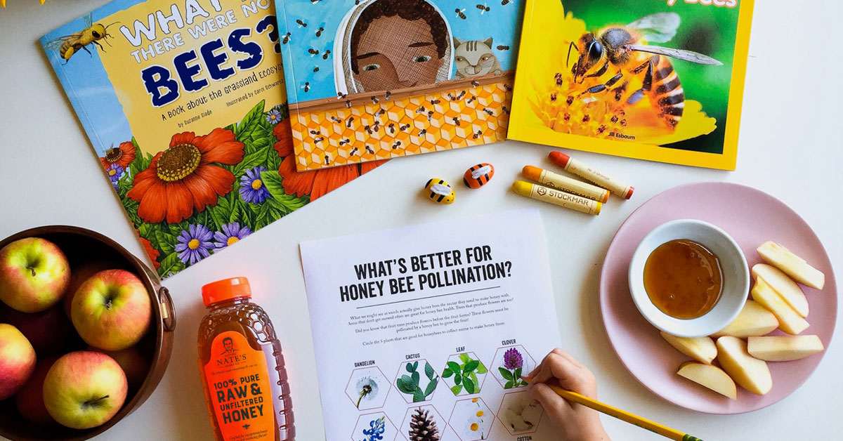 Educational activity about bees with books, apple slices, Nate's honey bottle, and crayons.