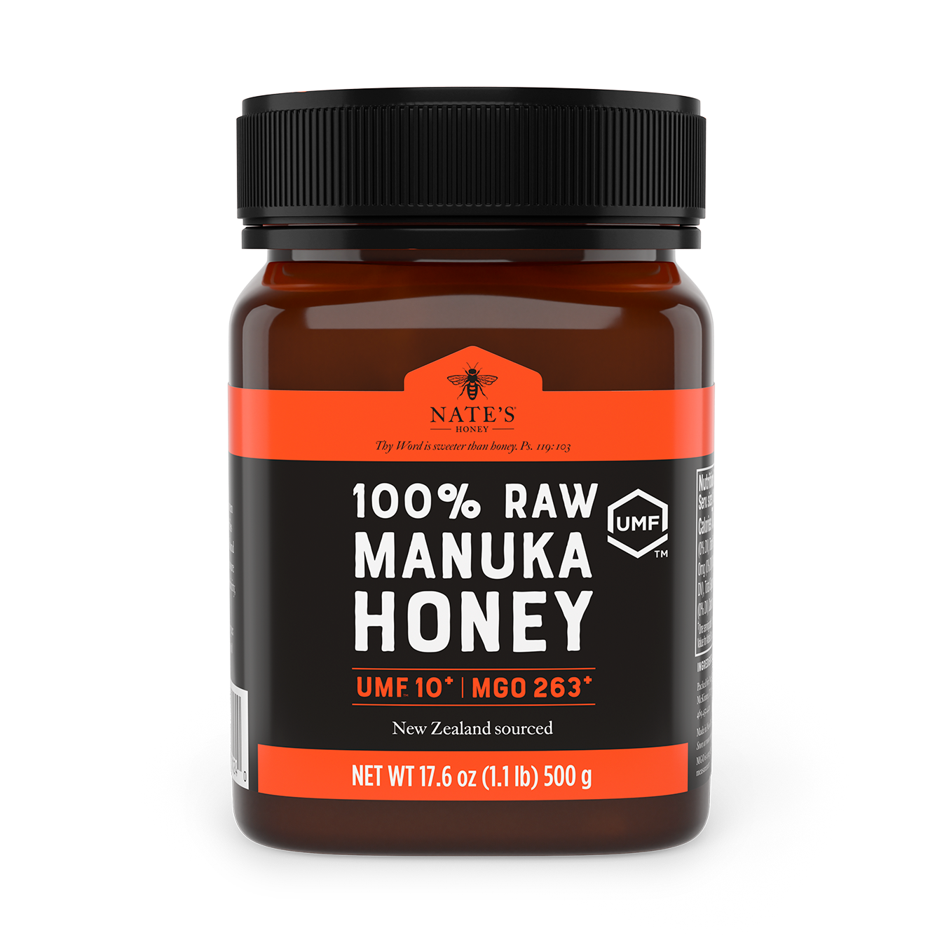 Front label of Nate's jar of manuka UMF 10.