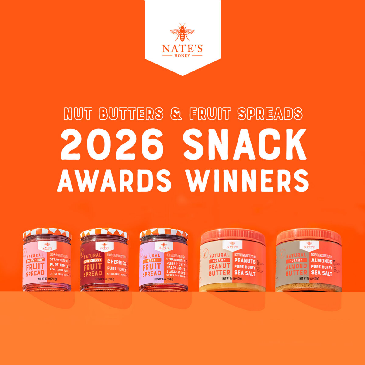 Nate’s Honey 2026 Snack Awards winners featuring nut butters and fruit spreads displayed on an orange background