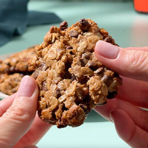 Hands holding chocolate and oats cookie in a pull apart fashion.