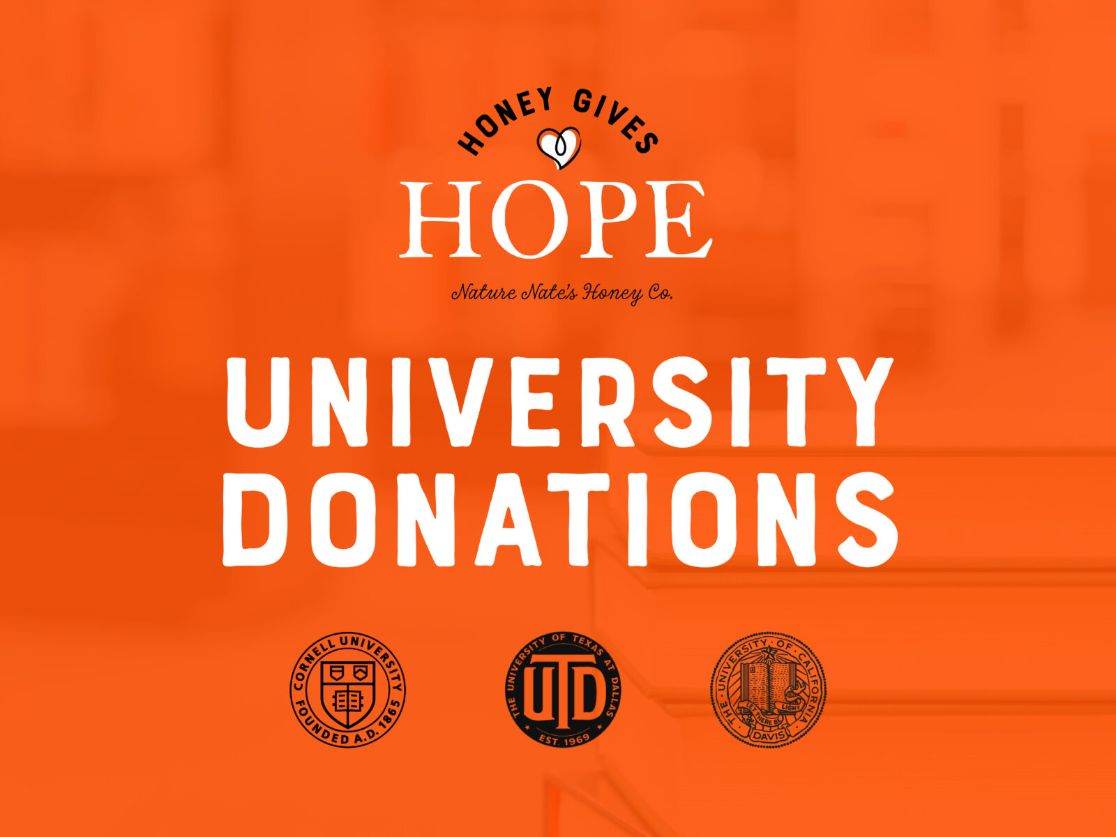 Nate’s Honey Gives Hope – University Donations with Cornell, UT Dallas, and UC Davis logos.