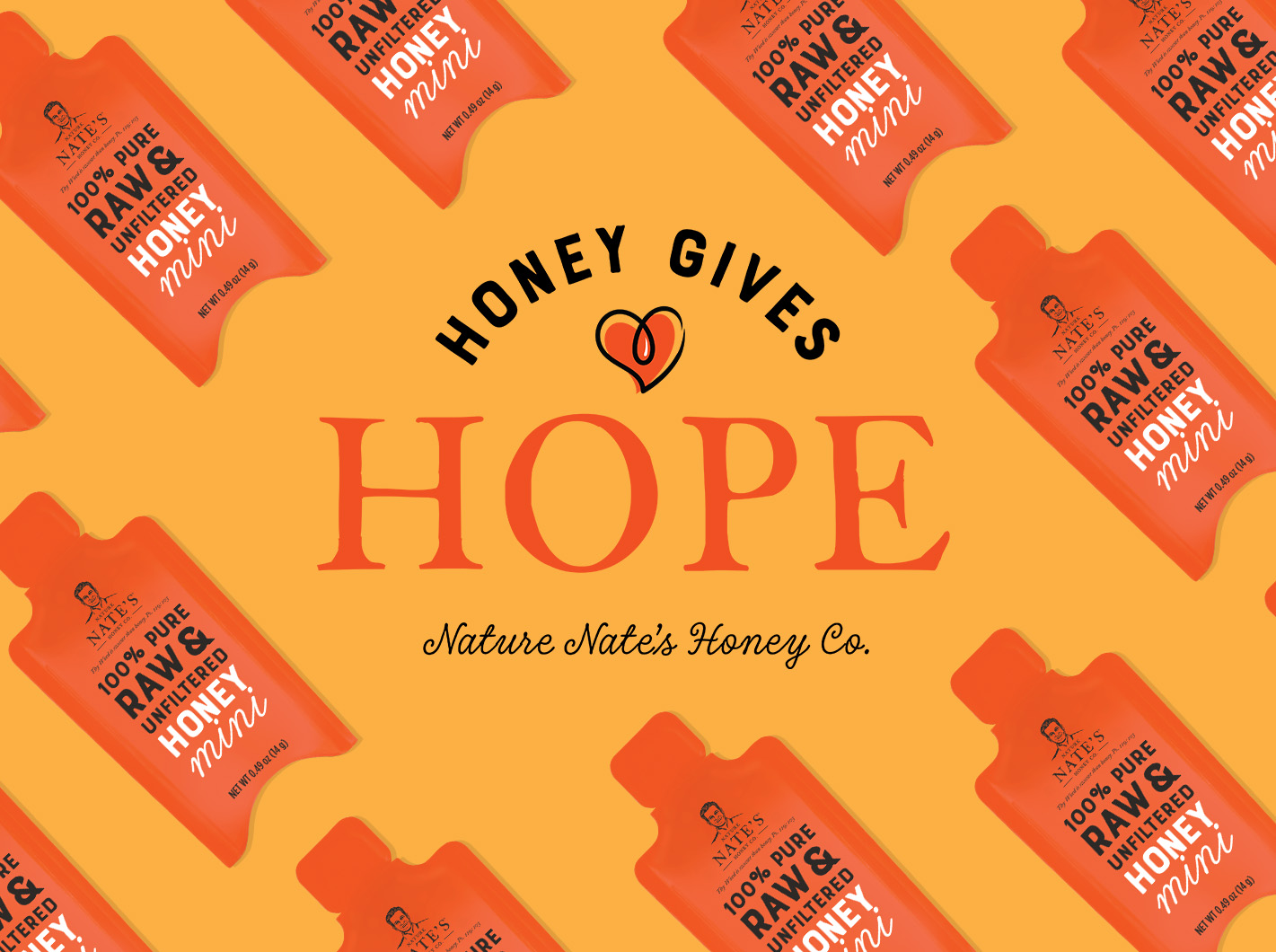 Nate's Honey Gives Hope logo centered on a wallpaper of Nate's honey minis on top of light orange background.