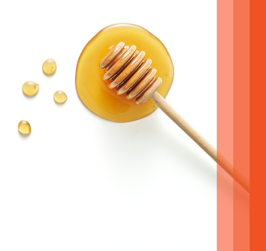 Honey dipper dipped in honey on white background.